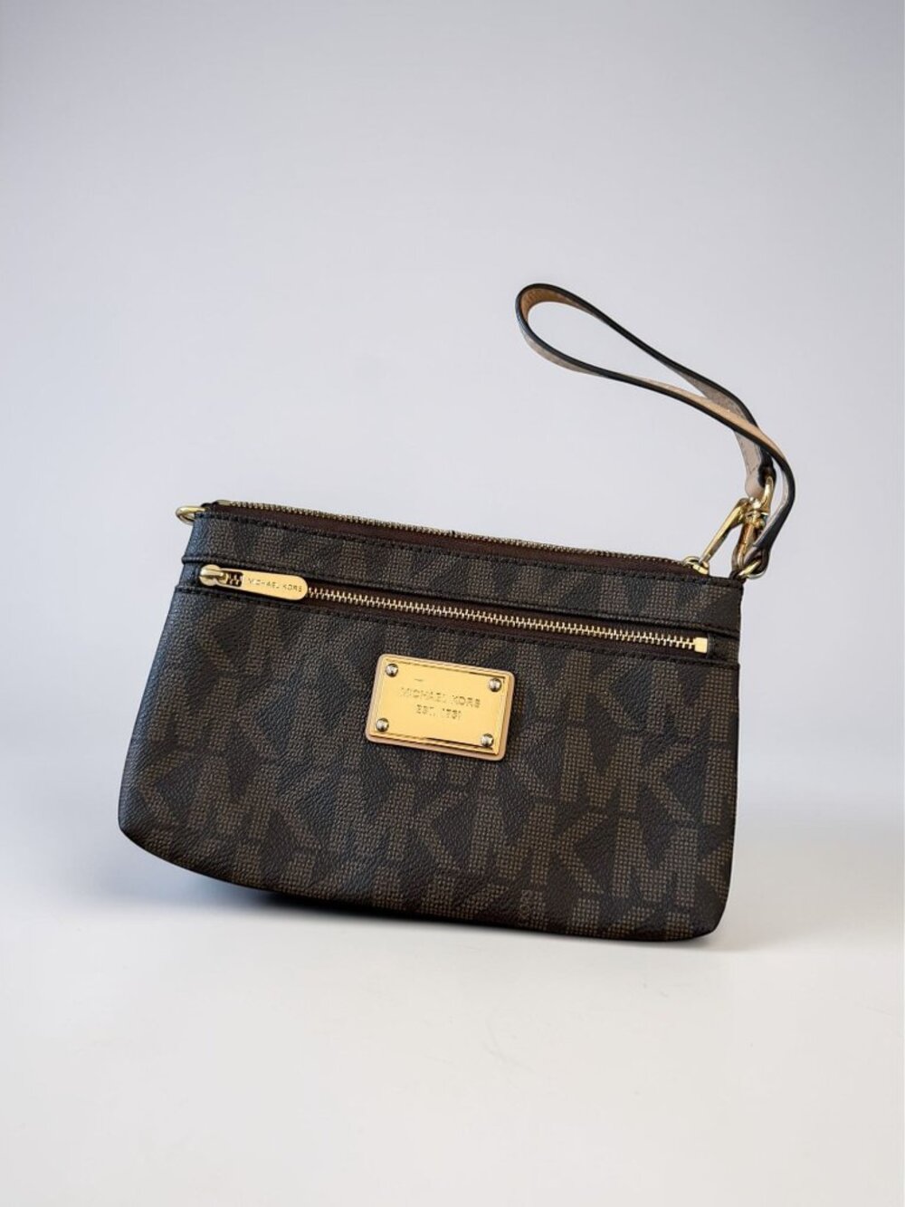 MICHAEL KORS Brown Logo Saffiano Leather Wristlet Zip Clutch Bag